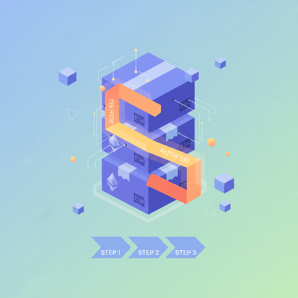 bundle of Ethereum transactions stacking like packages, auth signature wrapping them, vibrant blockchain graphic