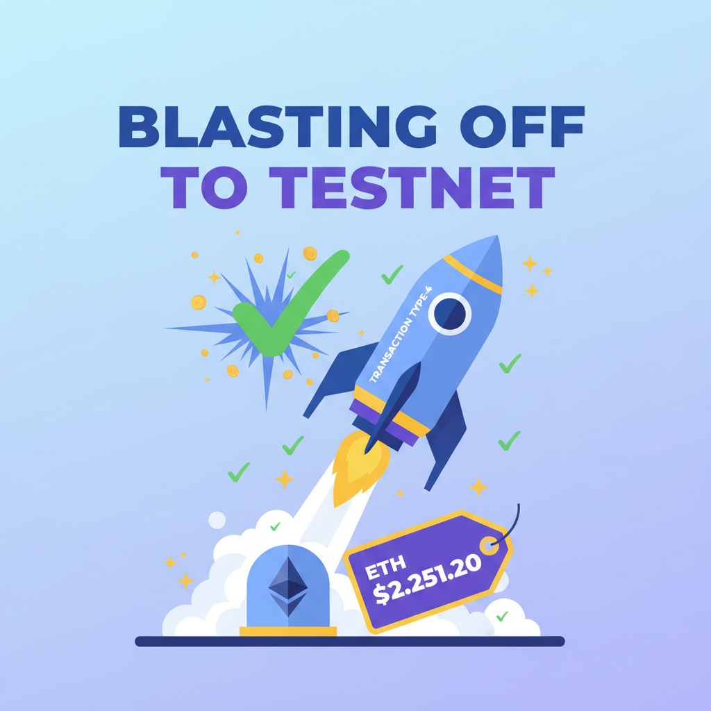 Ethereum transaction type-4 blasting off to testnet, price tag ETH $2,251.20, success checkmark explosion