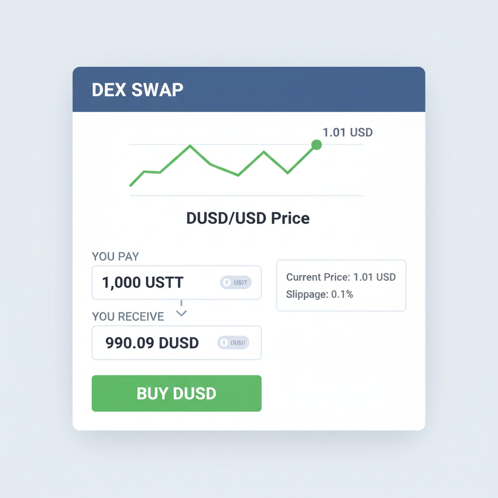 DEX trading interface showing DUSD swap at $1.01 price chart, green buy button