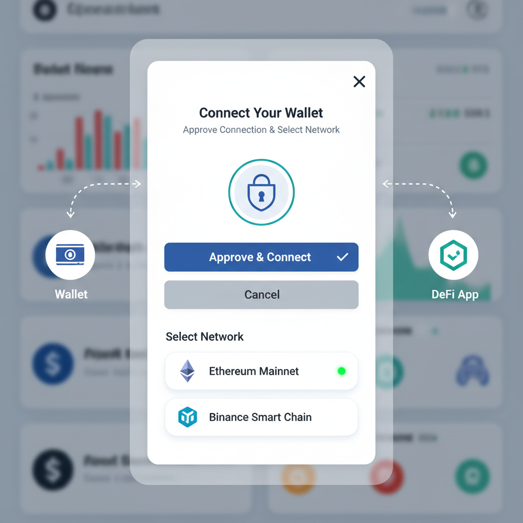 wallet connection popup on DeFi app, secure approval screen with network selector