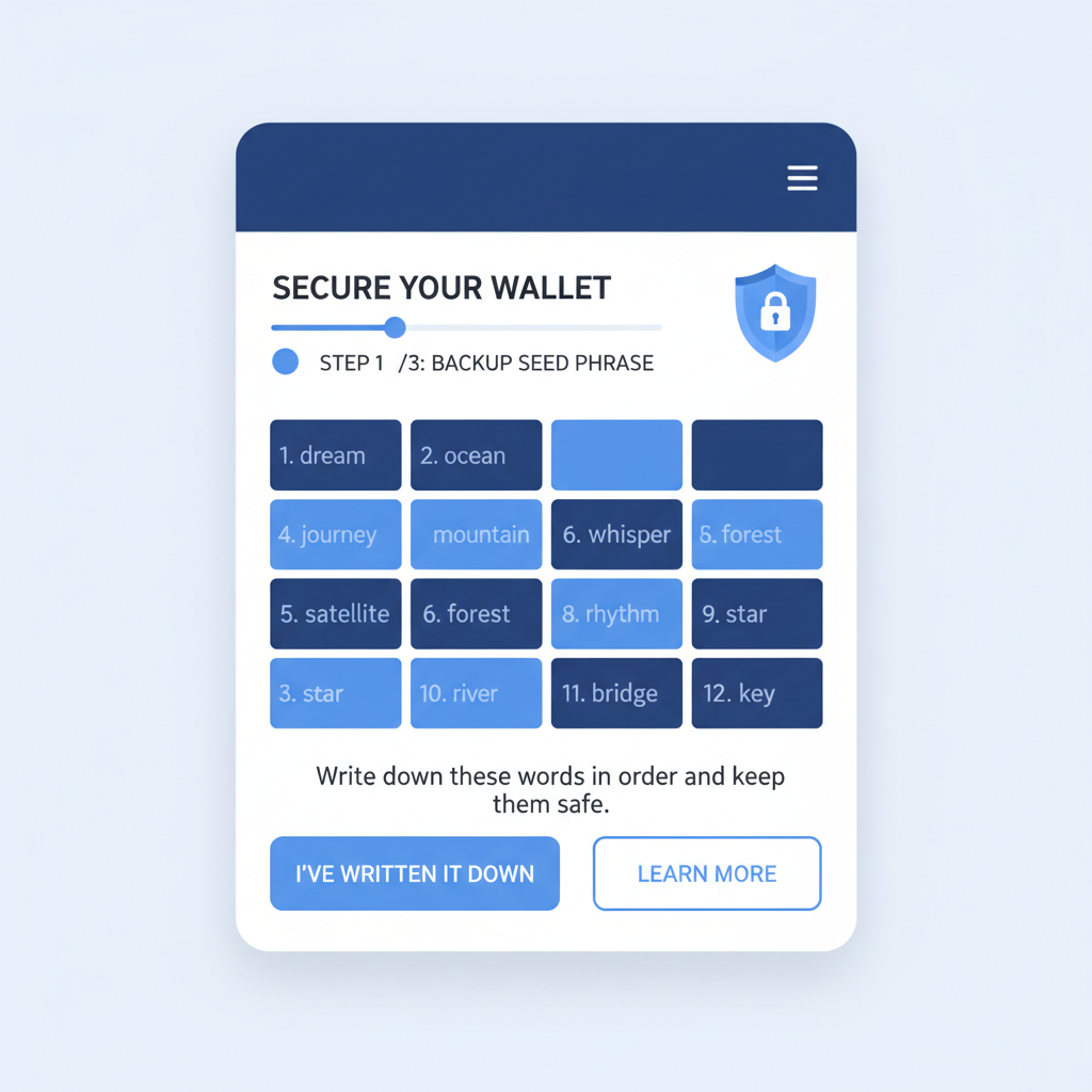secure crypto wallet interface setup screen, modern UI with seed phrase backup, blue tones