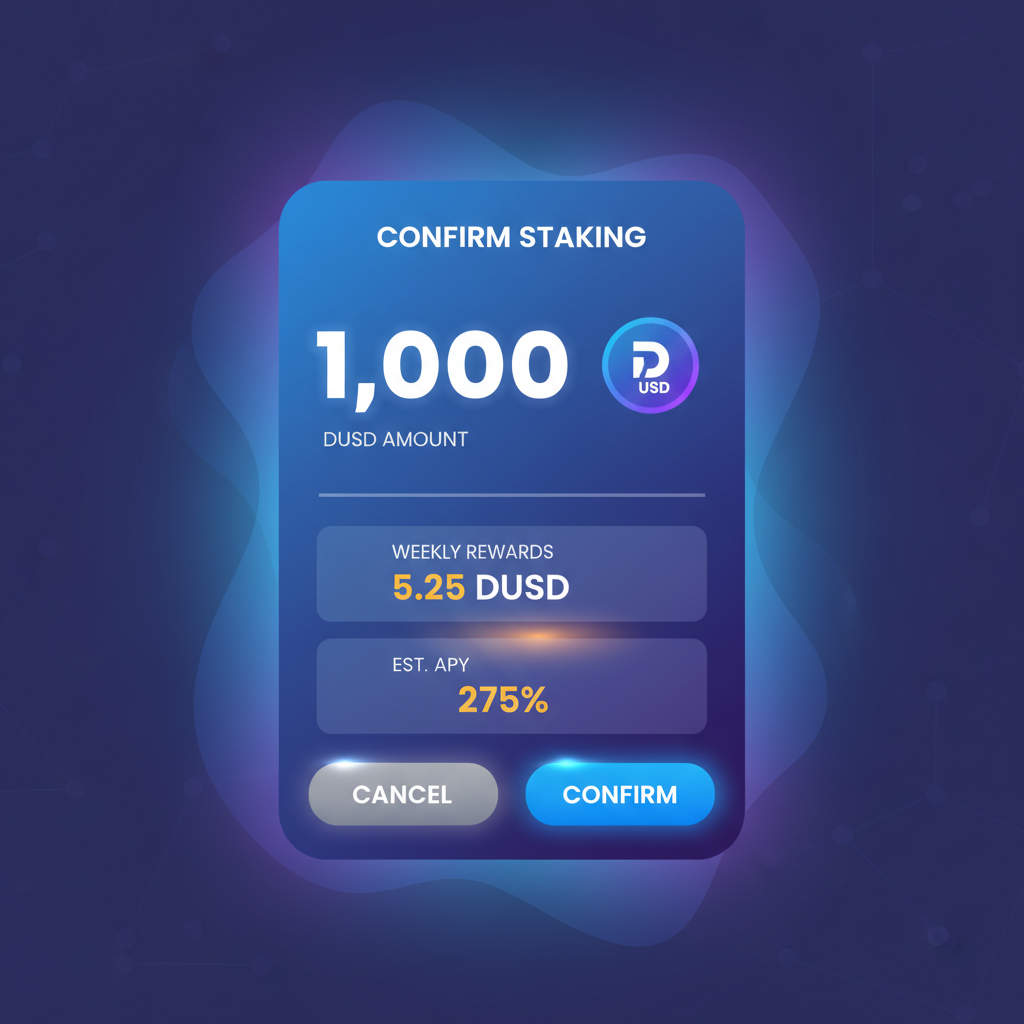 staking confirmation screen with DUSD amount and weekly rewards preview, glowing effects