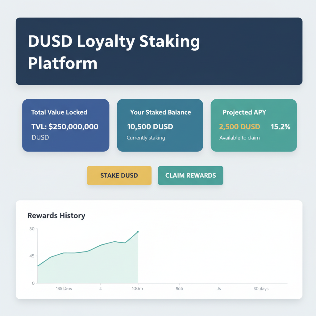 DeFi dashboard for DUSD loyalty staking platform, clean web interface with rewards stats