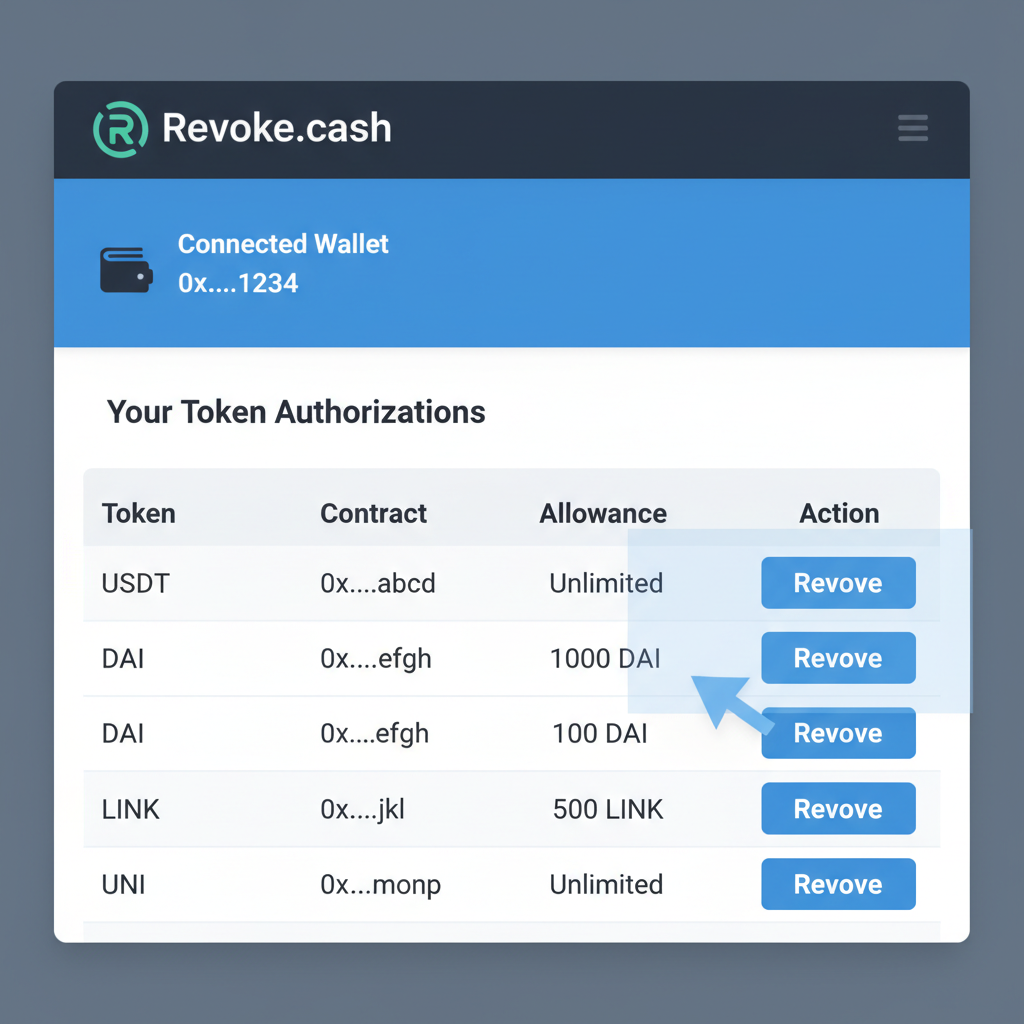 clean screenshot of Revoke.cash dashboard showing wallet authorizations list with revoke buttons