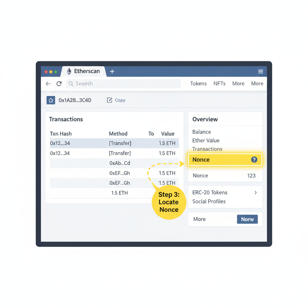 Etherscan account page highlighting nonce value in sidebar