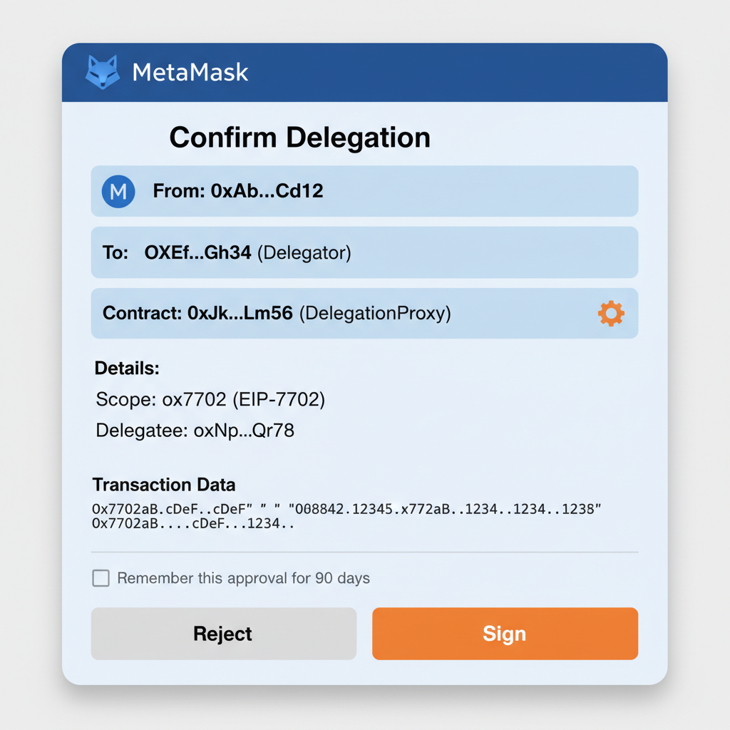 wallet interface like MetaMask showing unsigned EIP-7702 delegation transaction details