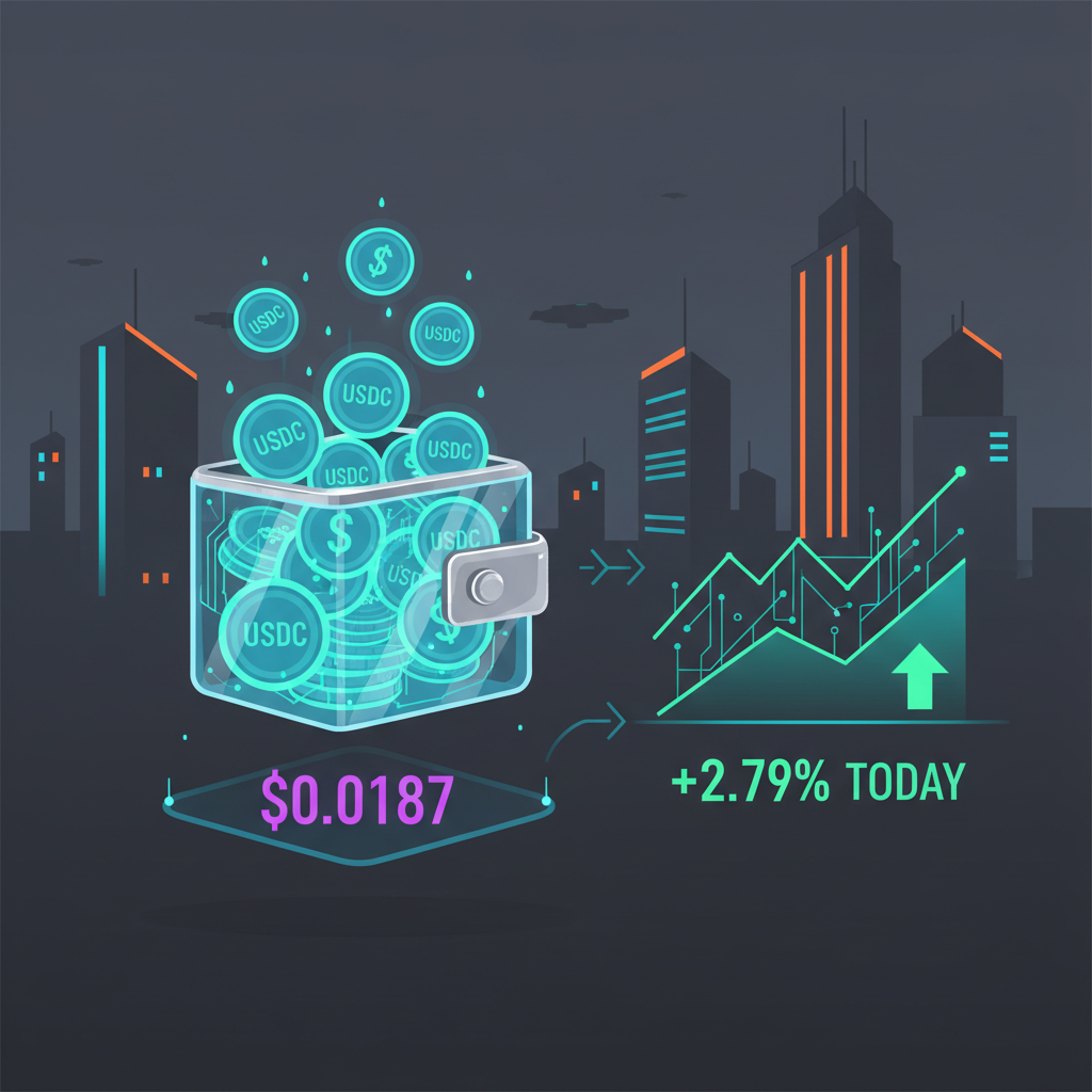 futuristic wallet filling with glowing USDC coins at $0.0187 price tag, neon charts showing 2.79% gain, cyberpunk style