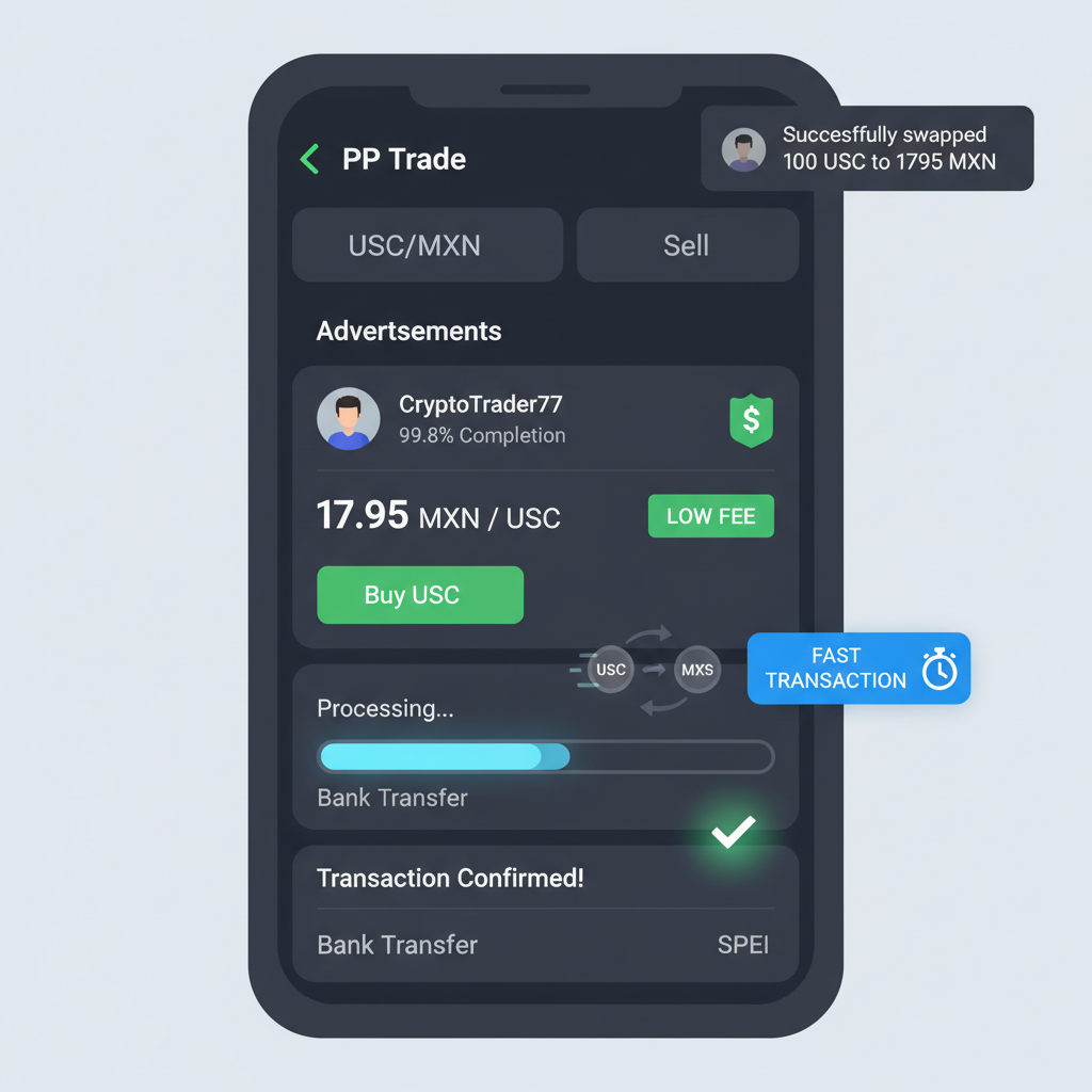 P2P trade screen on Bitso/Binance swapping USDC to MXN pesos, low fee badges, fast transaction animation, dark mode app