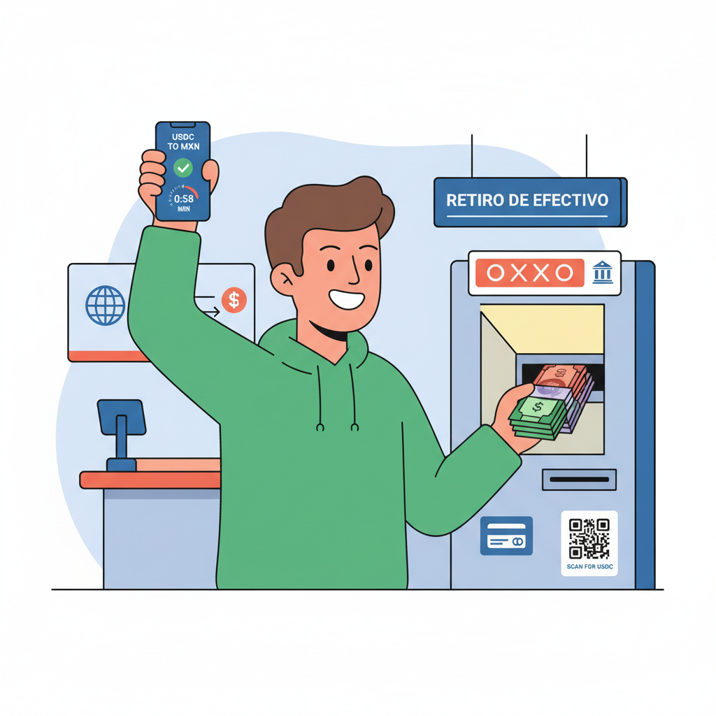 person cashing out MXN at OXXO store or bank ATM, USDC to pesos flow, clock showing under 1 min, victory fist, realistic