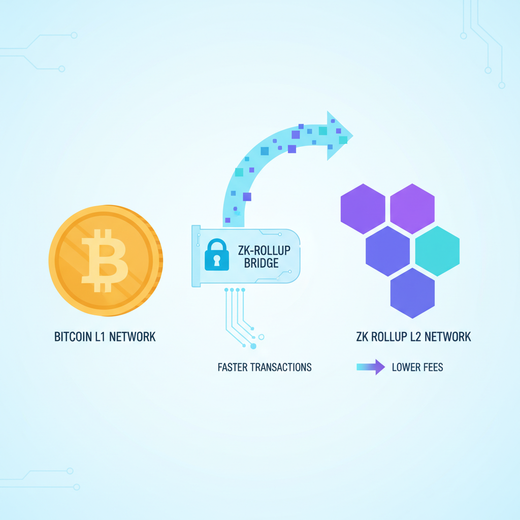 bitcoin coin bridging to zk rollup L2 network, clean futuristic diagram