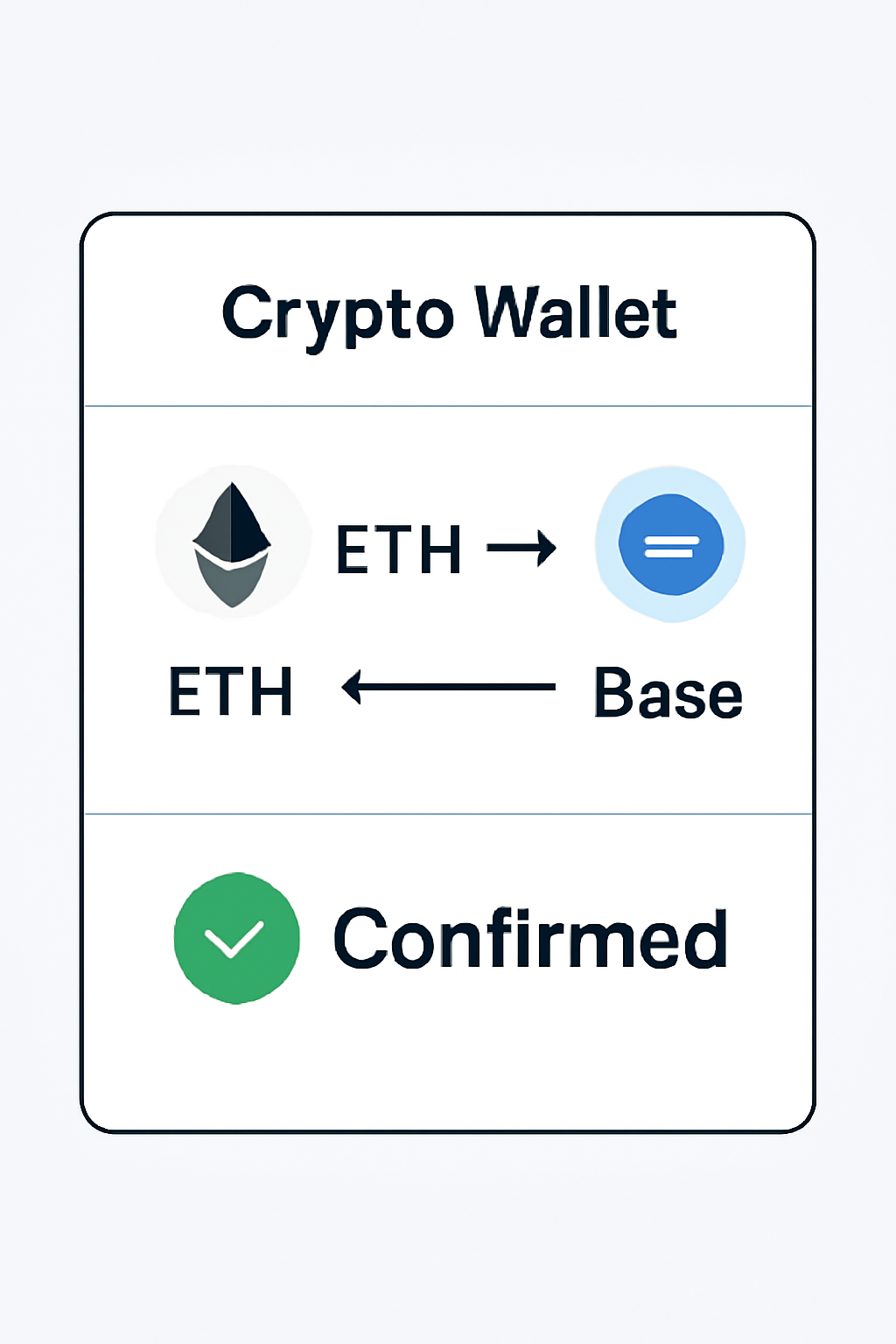 A user interface showing a crypto wallet bridging ETH from Ethereum to Base network, with arrows connecting the two blockchains and a confirmation checkmark.