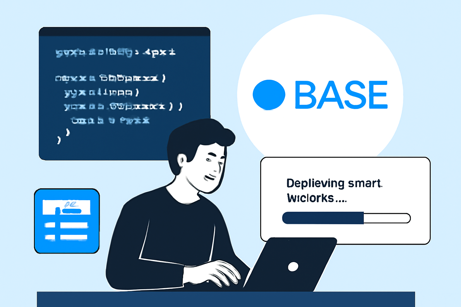 A coder deploying a smart contract on Base, with code snippets, deployment progress bars, and the Base logo in the background.