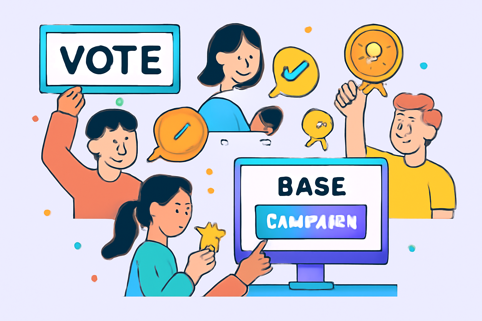 A vibrant community participating in an online campaign, users voting and completing quests, with digital badges and Base branding.