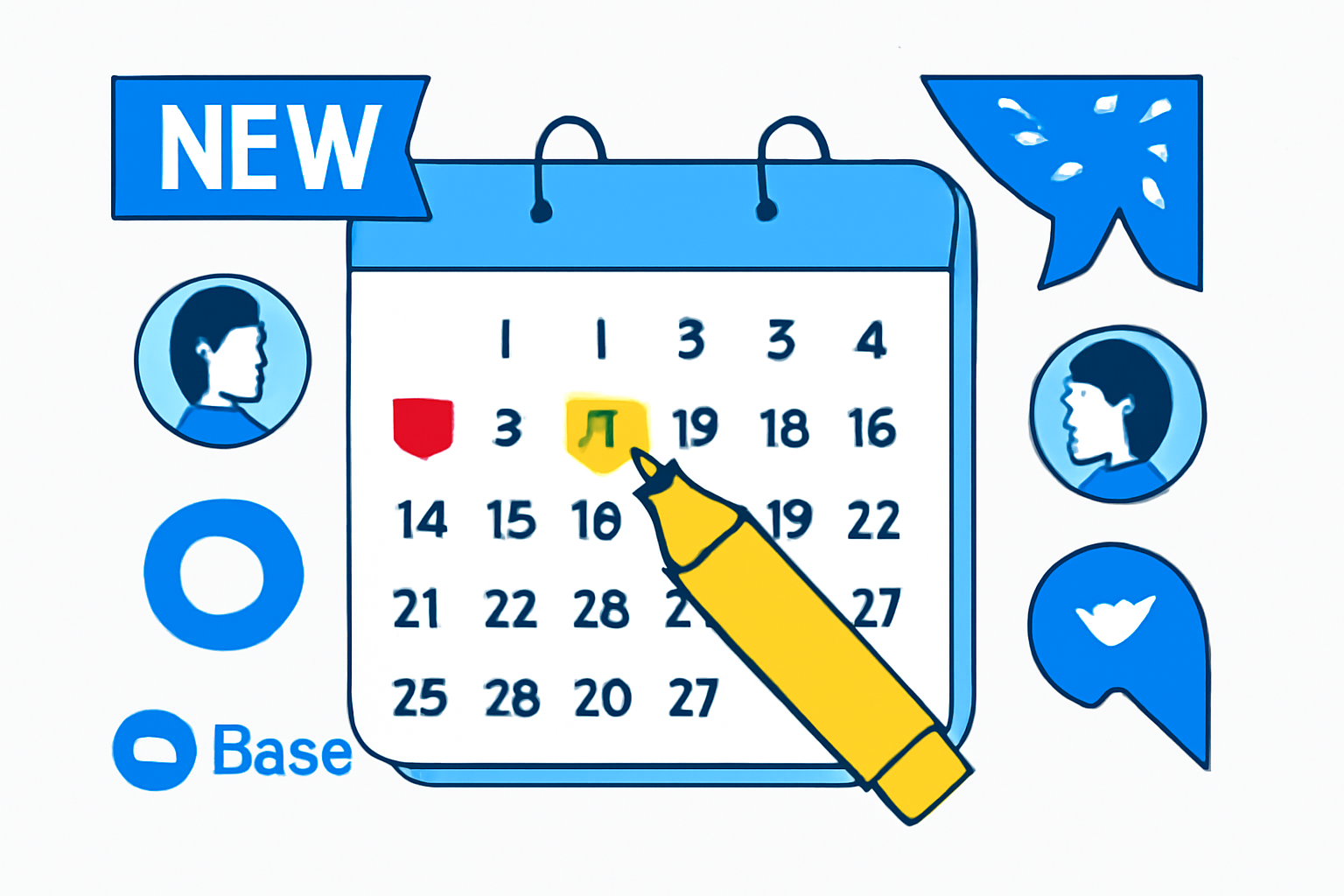 A calendar with highlighted event dates and users joining new Base ecosystem launches, with celebratory banners and Base logos.