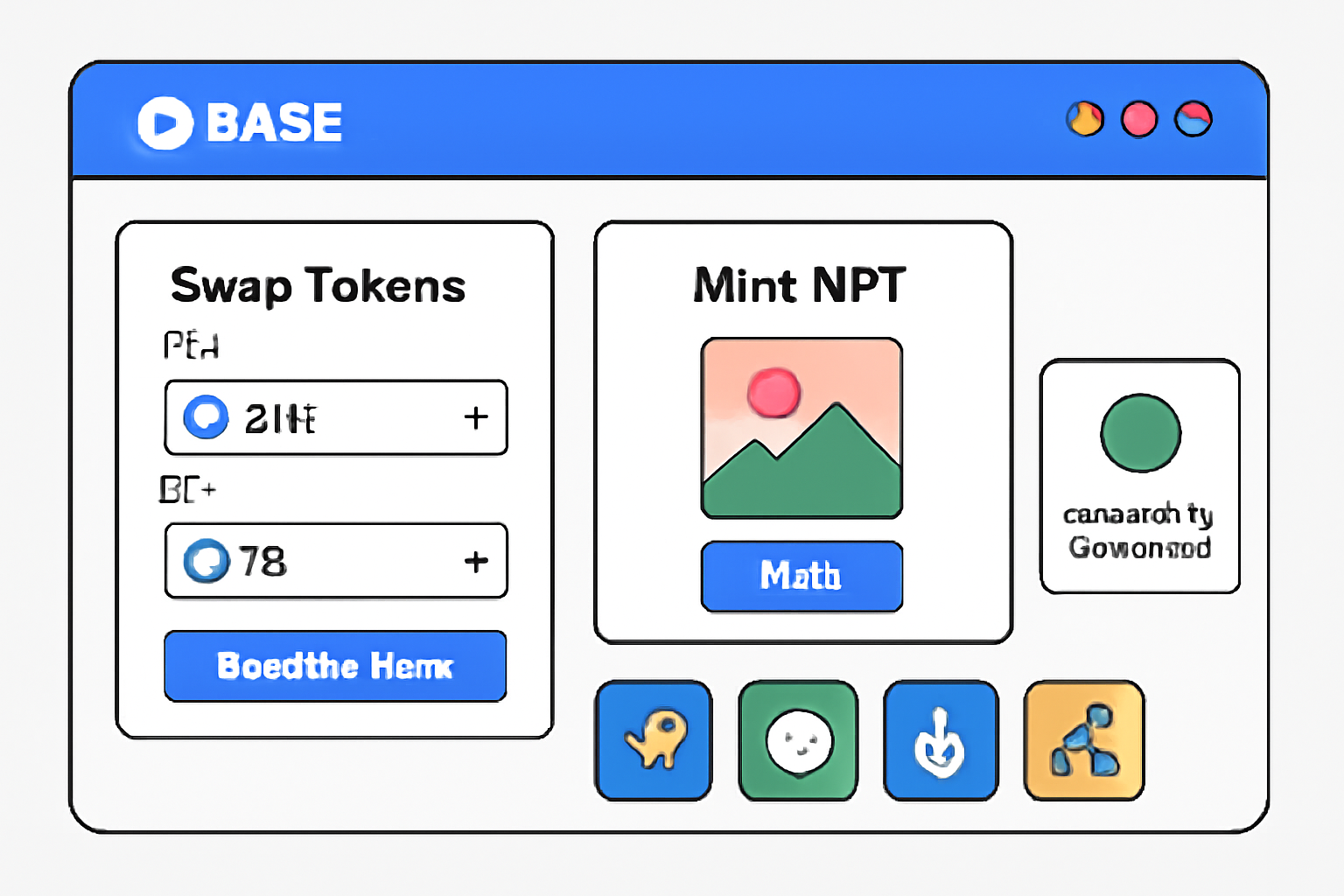 A dashboard view of a user swapping tokens and minting NFTs on Base dApps, with transaction confirmations and colorful app icons.