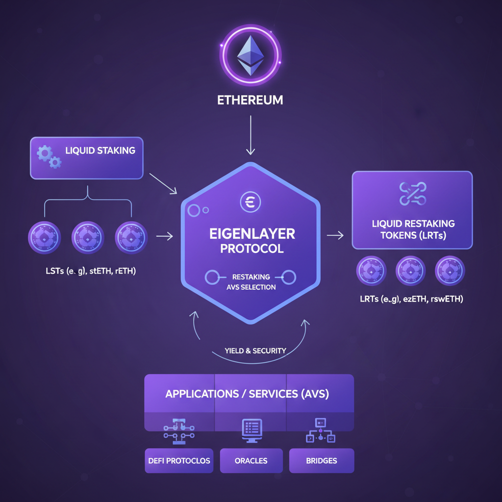 EigenLayer restaking flow chart LRTs tokens stacking Ethereum purple futuristic