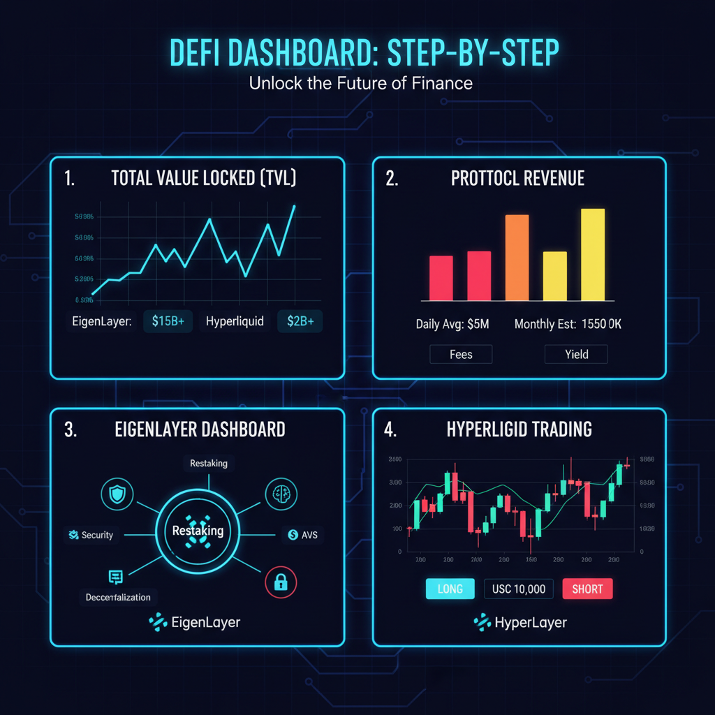 DeFi dashboard TVL revenue charts EigenLayer Hyperliquid multi-panel cyberpunk