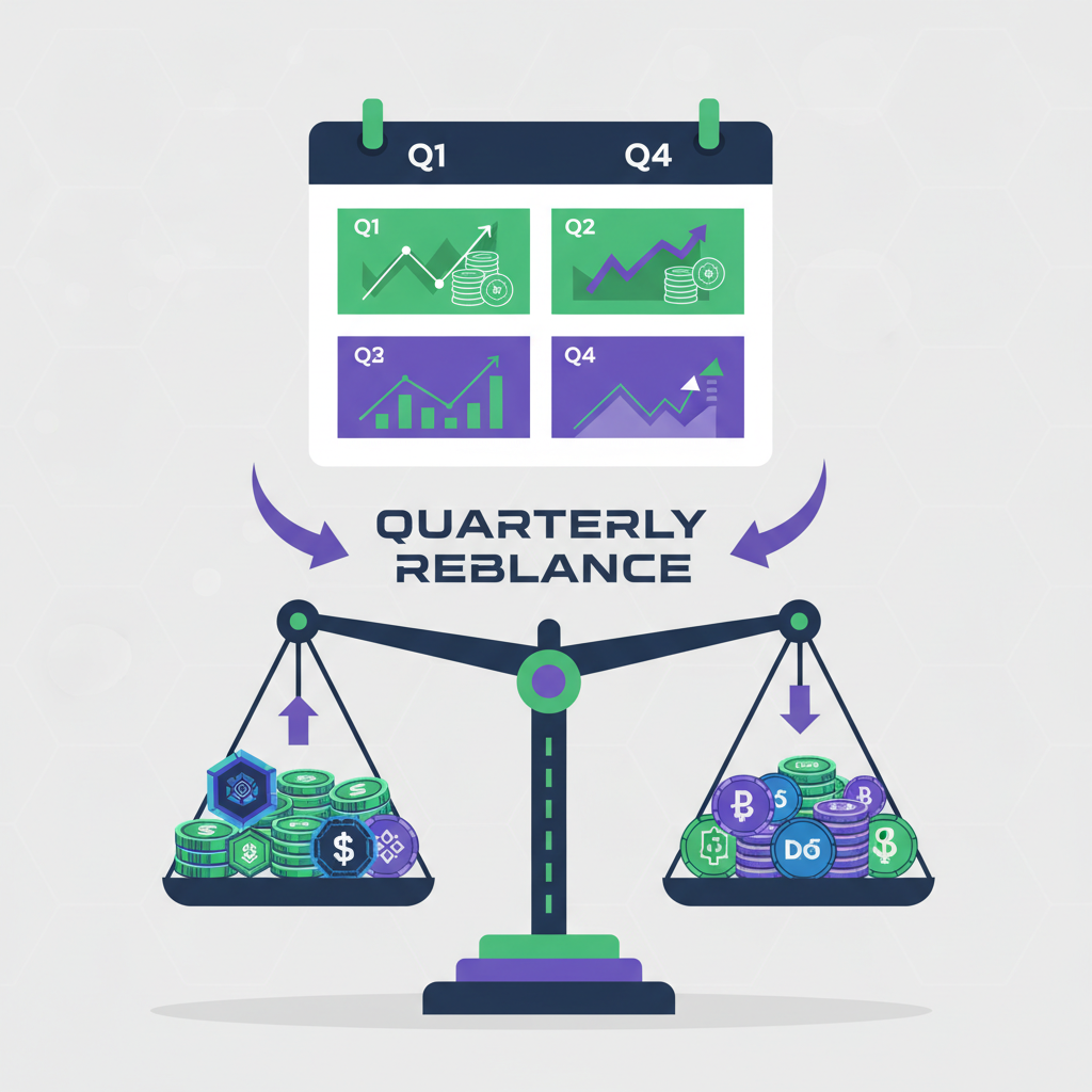portfolio rebalance calendar quarterly DeFi charts arrows balancing scales futuristic