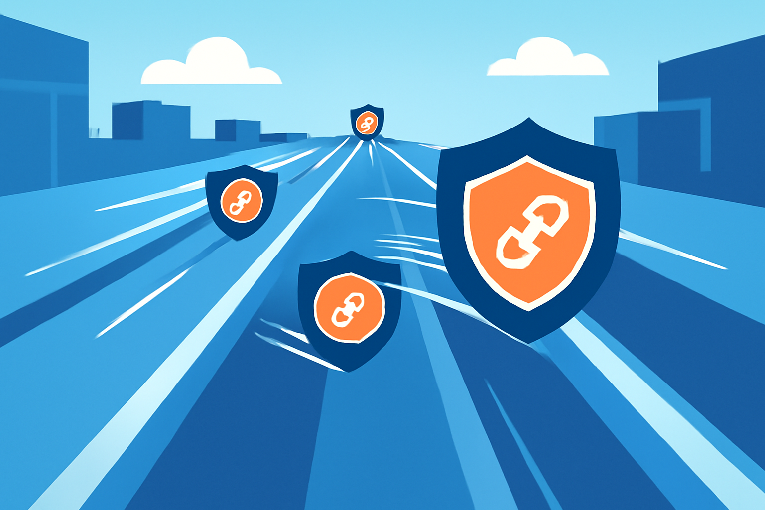 A fast-moving blockchain highway with secure, shielded tokens traveling efficiently, representing speed, security, and privacy.