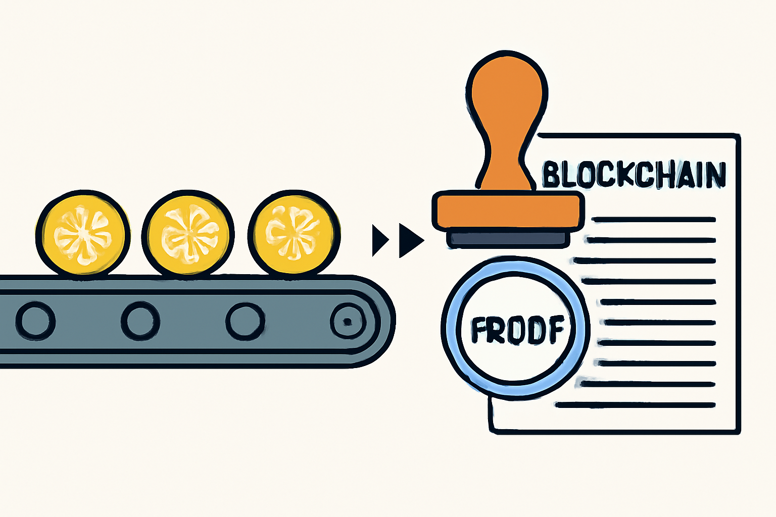 A conveyor belt carrying multiple digital tokens, merging into a single proof that is stamped onto a blockchain ledger.