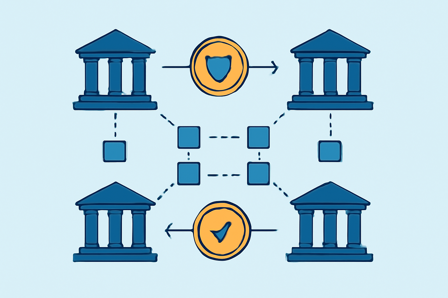Institutional buildings exchanging digital tokens with privacy shields and compliance checkmarks, all connected via a blockchain network.
