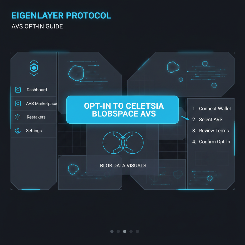 sleek EigenLayer dashboard highlighting Celestia Blobspace AVS opt-in button, futuristic UI with blob data visuals, neon blue glow
