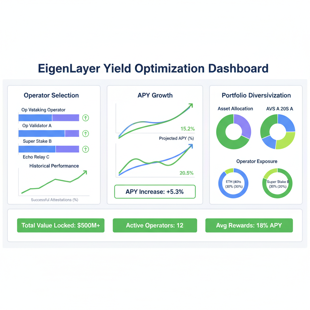 yield optimization dashboard on EigenLayer, operator selection graphs, upward APY curves, green metrics and diversification pie charts