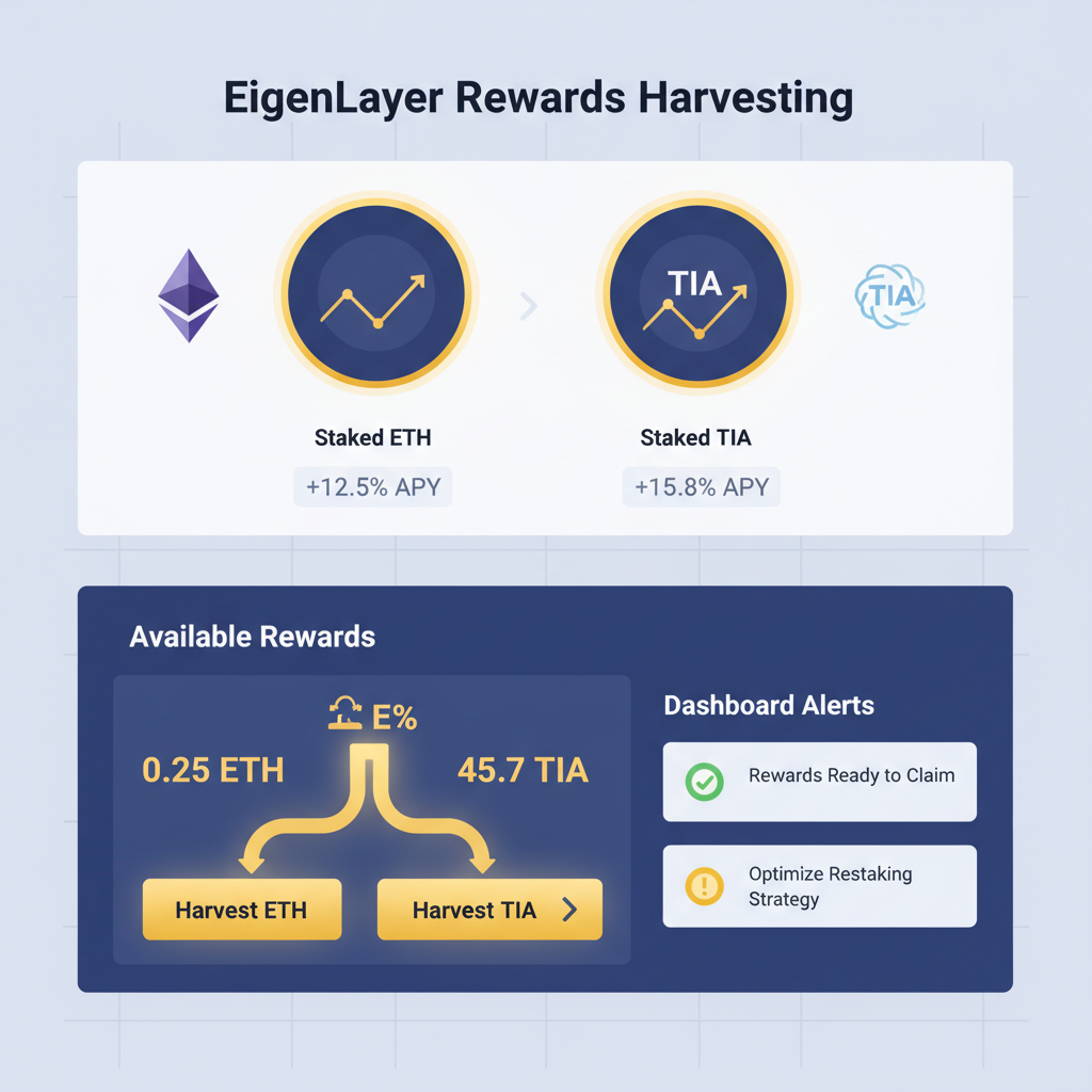 EigenLayer rewards harvesting screen, ETH and TIA icons with charts, dashboard alerts, golden yield flows