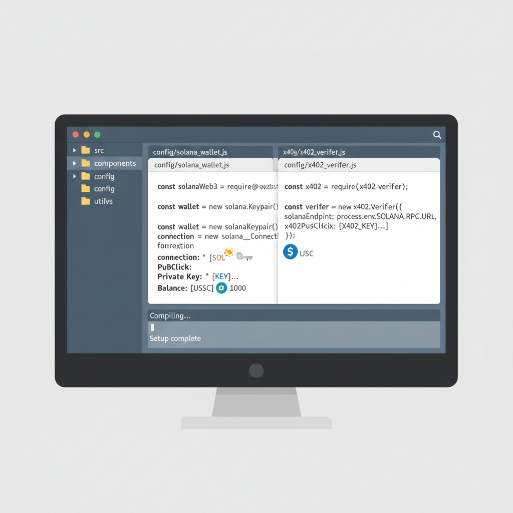 code editor showing Solana wallet configuration and x402 verifier setup, keys and USDC icons