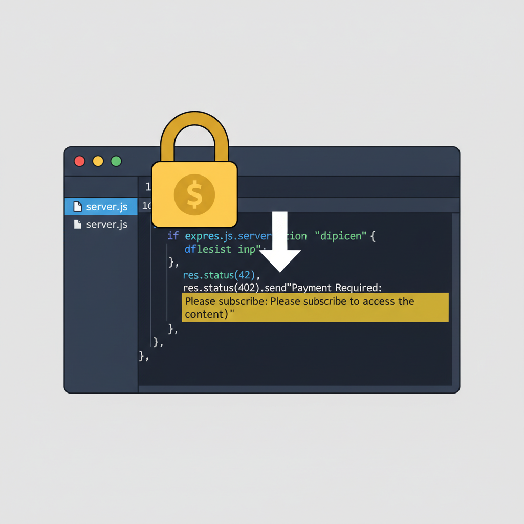 Express.js server code with HTTP 402 response highlighted, payment lock icon