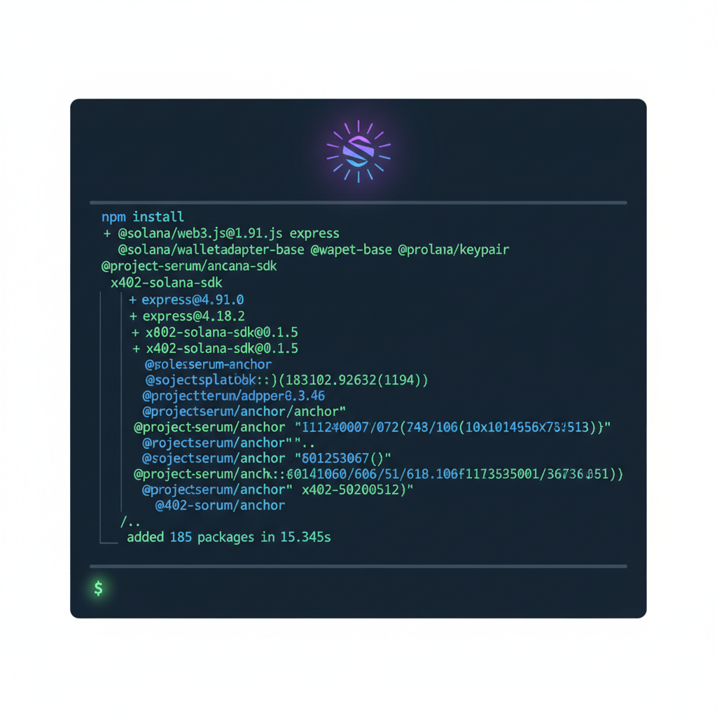 terminal screen installing npm packages for x402 Solana SDK and Express, code lines scrolling, Solana logo glowing