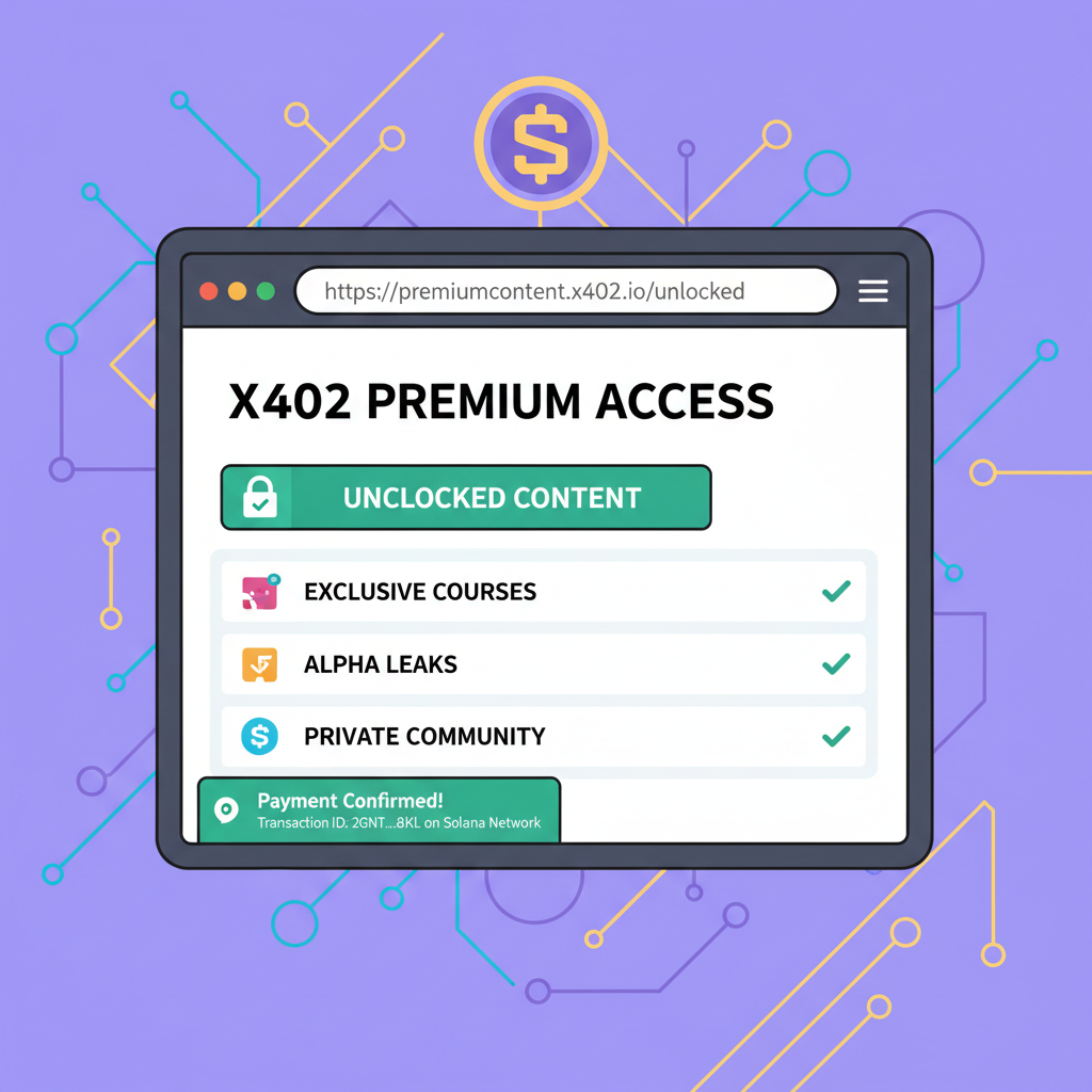 web browser displaying unlocked premium content after x402 payment, Solana network background