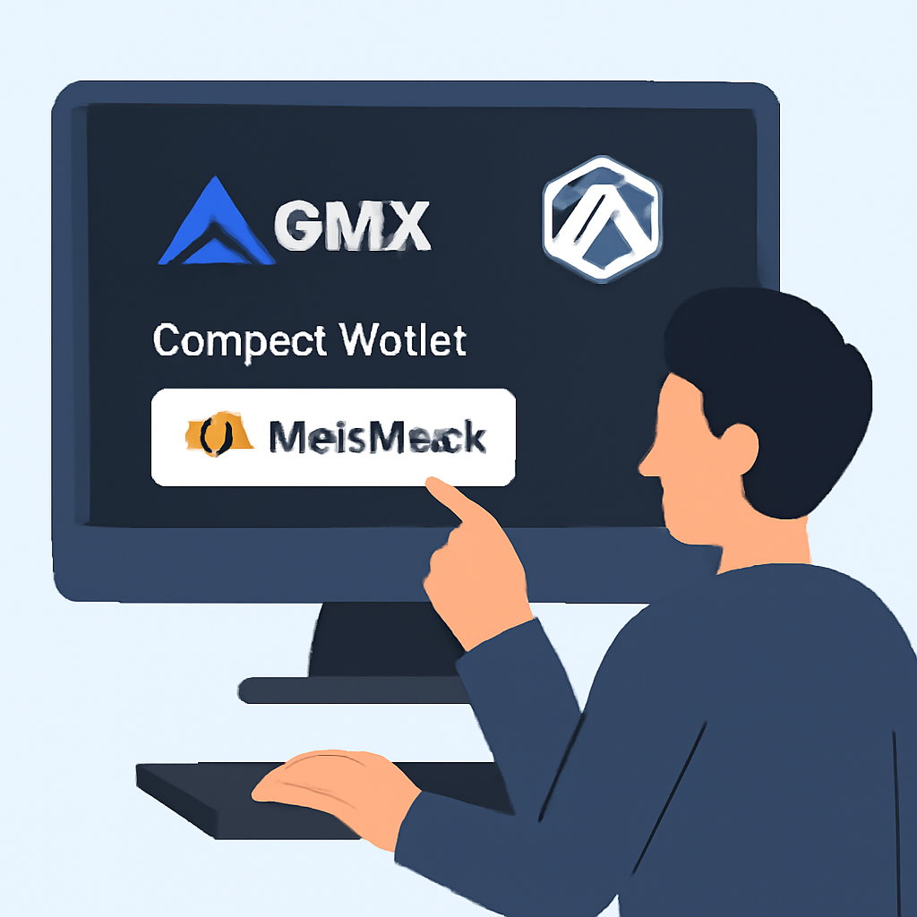 A user connecting a MetaMask wallet to the GMX platform interface on a computer screen, with the Arbitrum logo visible.