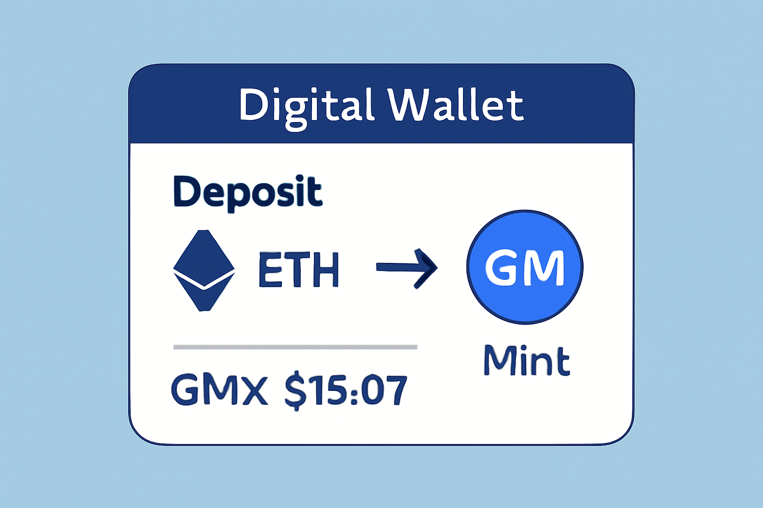 A digital wallet interface showing a deposit of ETH into a liquidity pool, with GM tokens being minted and the GMX price of $15.07 displayed.