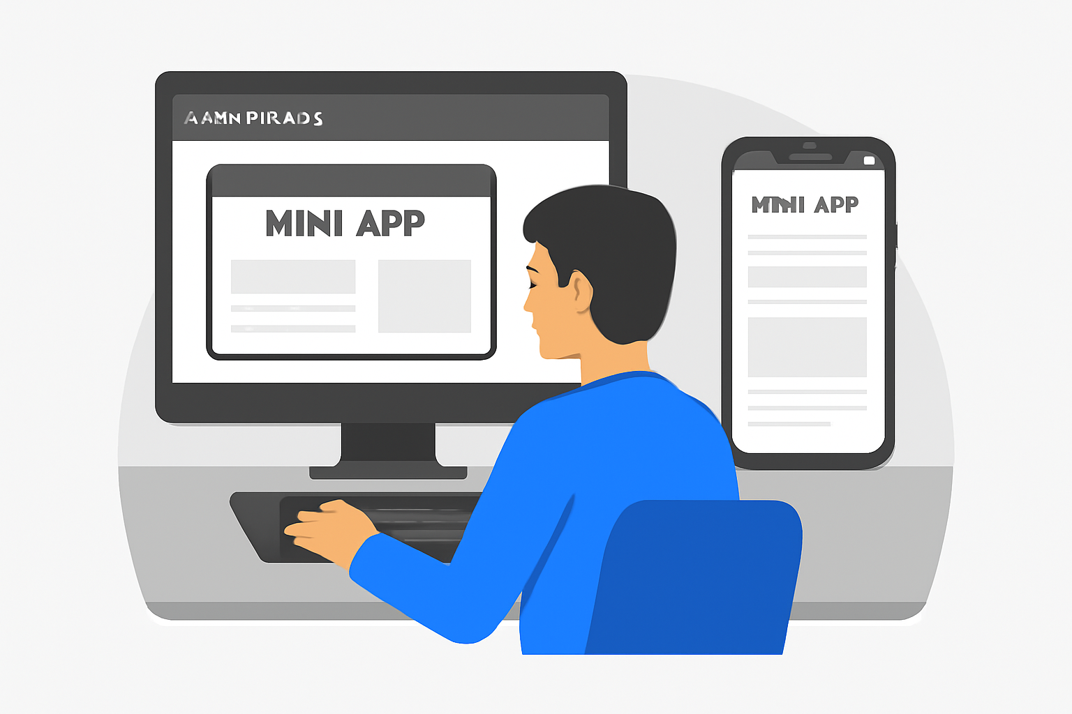 A developer using device simulation tools to preview a Mini App on desktop and mobile screens.
