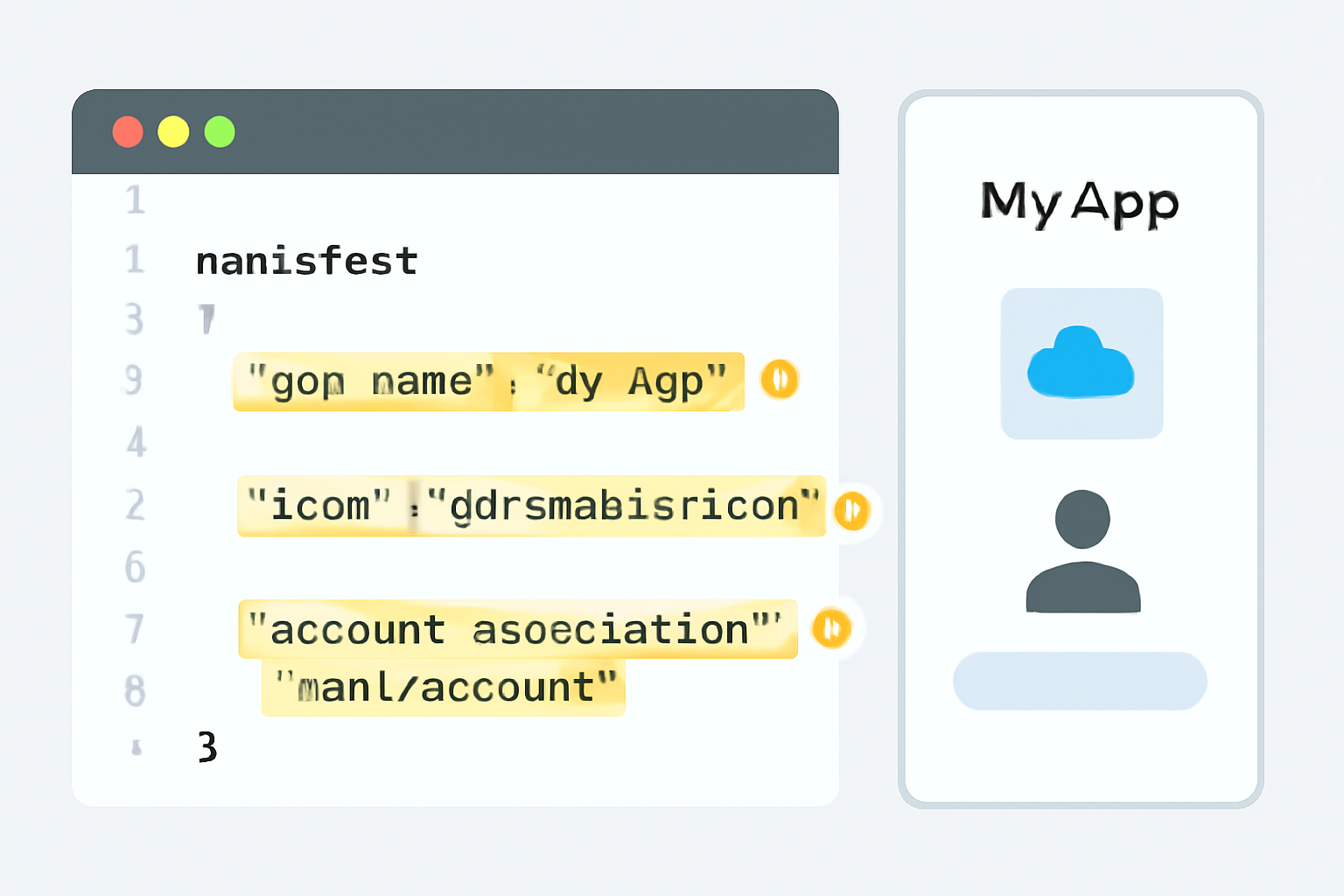 A manifest file open in a code editor, with highlighted fields for app name, icon, and account association, alongside a preview showing these elements.