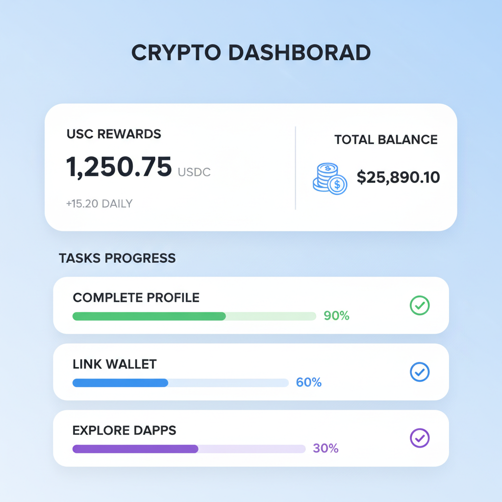 Clean crypto dashboard showing USDC rewards balance tasks progress bars