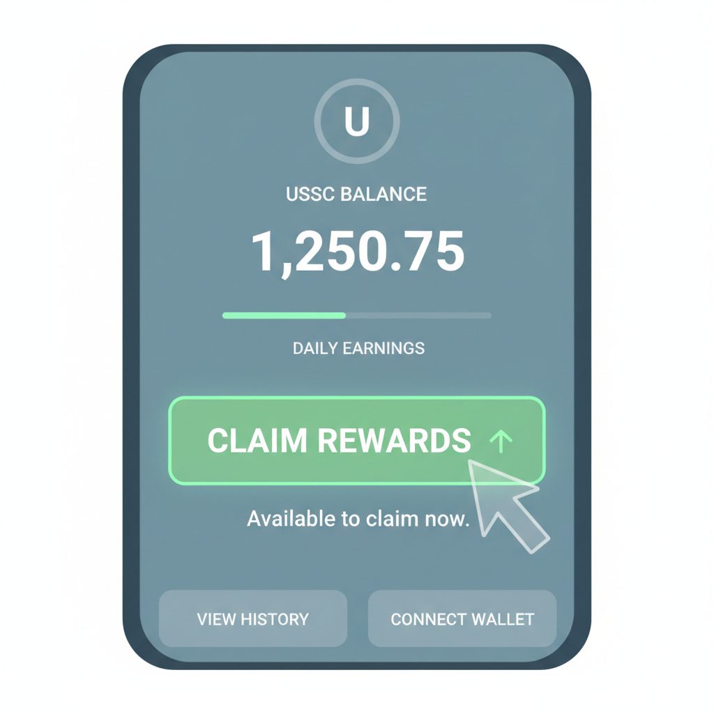 Claim rewards button highlighted on app screen with USDC balance