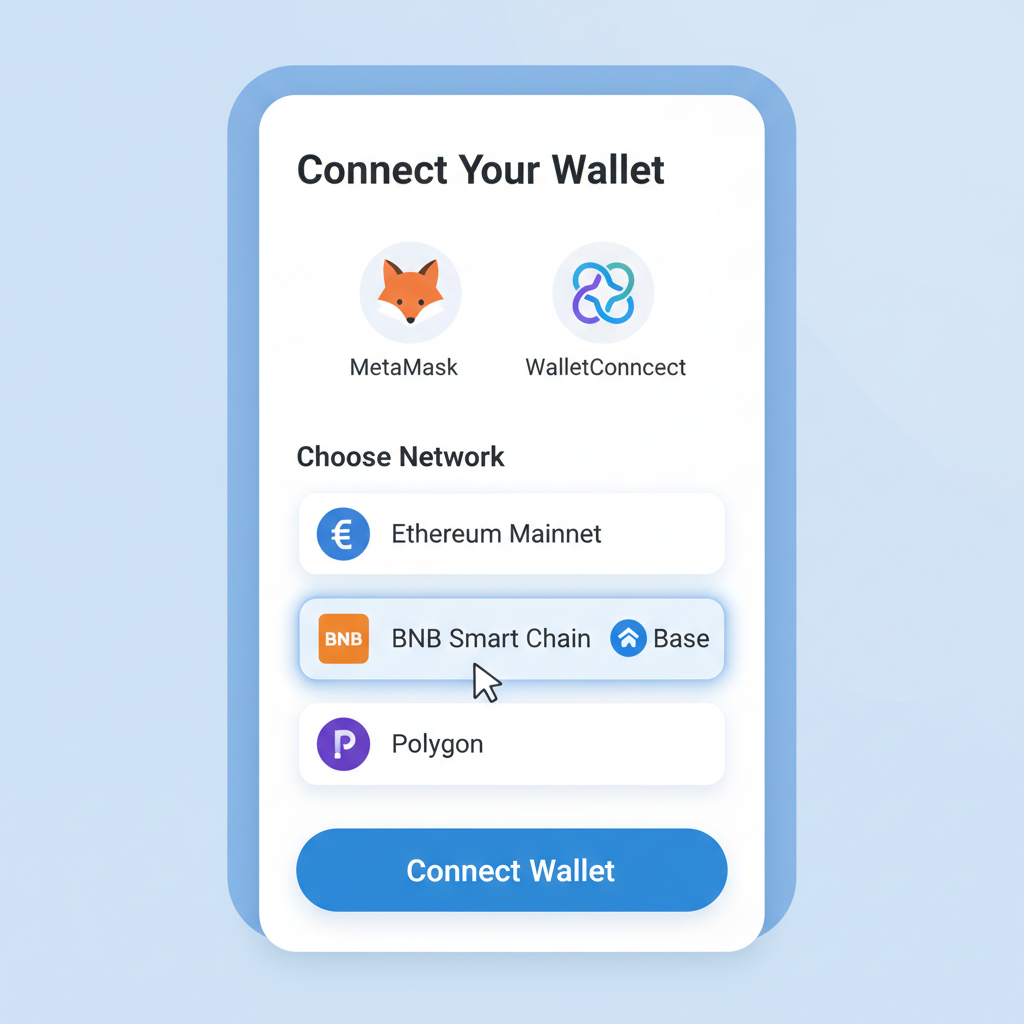Wallet connection screen in Telegram mini app with Base network selection