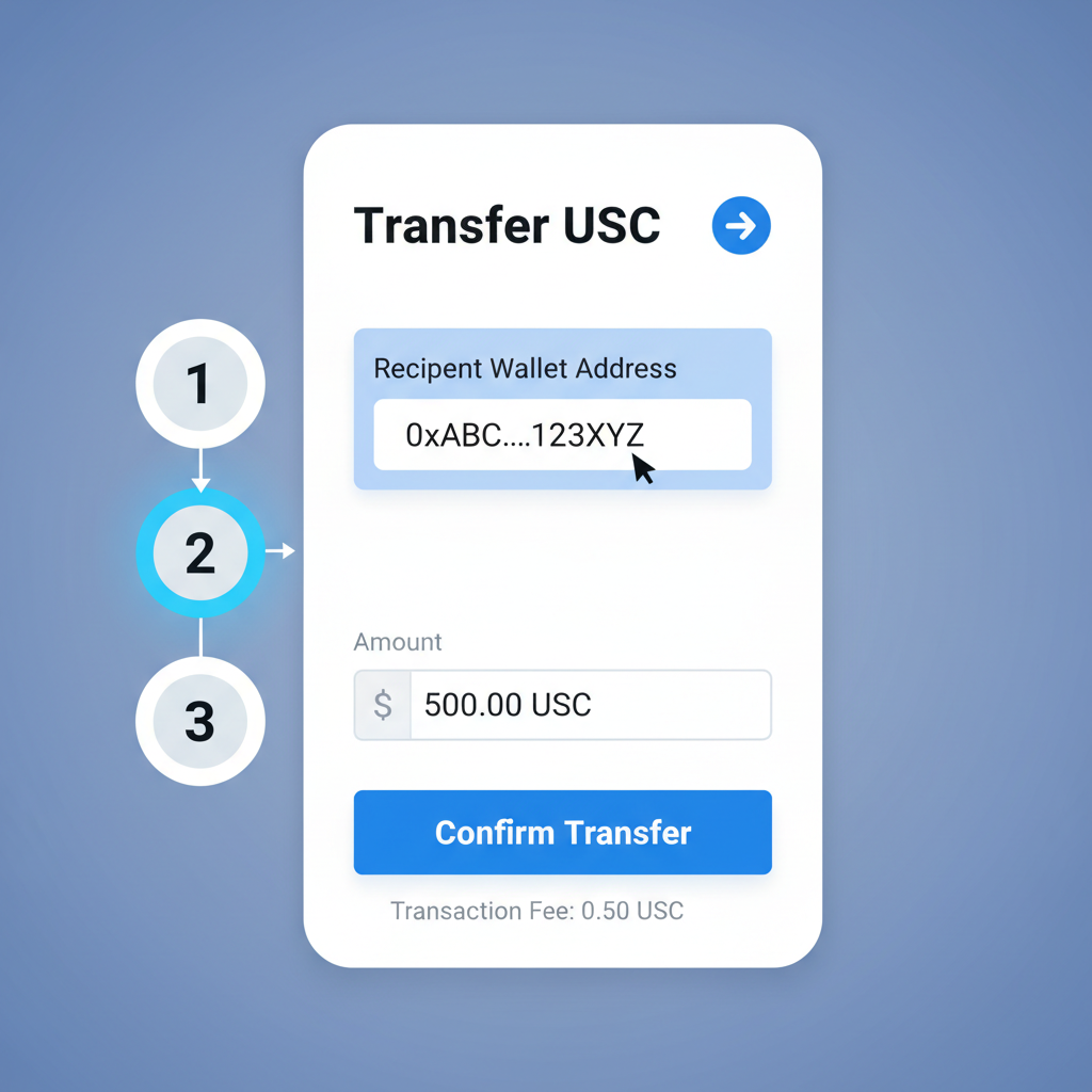 USDC transfer screen with wallet address input and confirm button