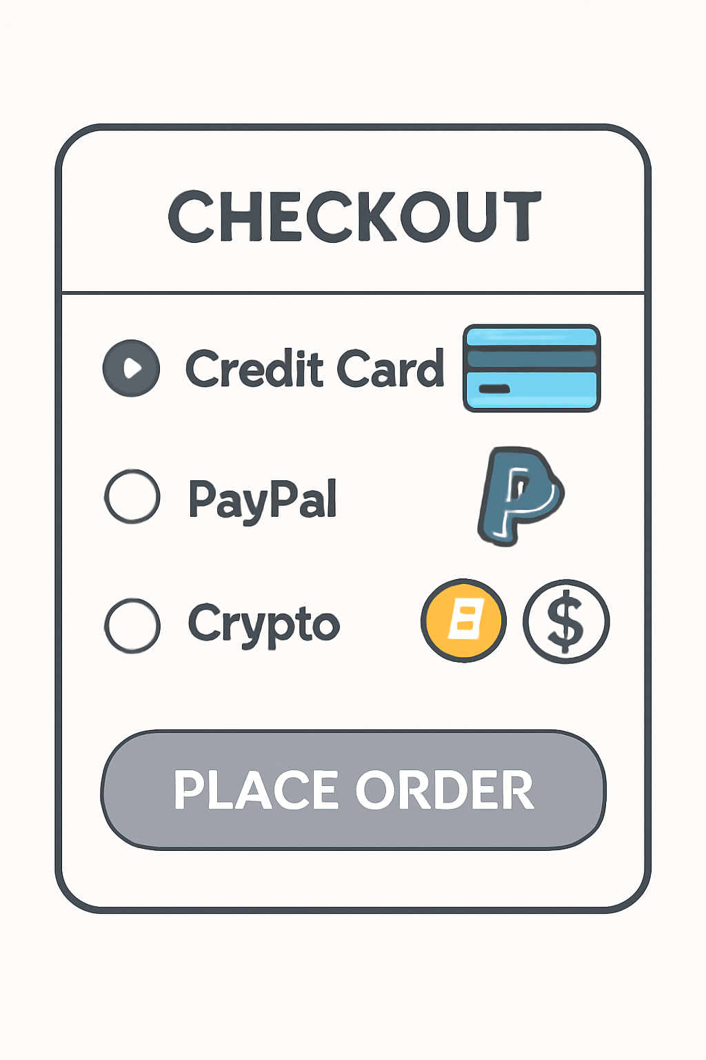 A checkout page with options for credit card, PayPal, and crypto (showing Bitcoin and stablecoin icons)