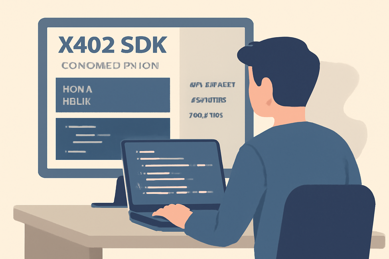 A developer coding with X402 SDK documentation open, showing code snippets and API endpoints