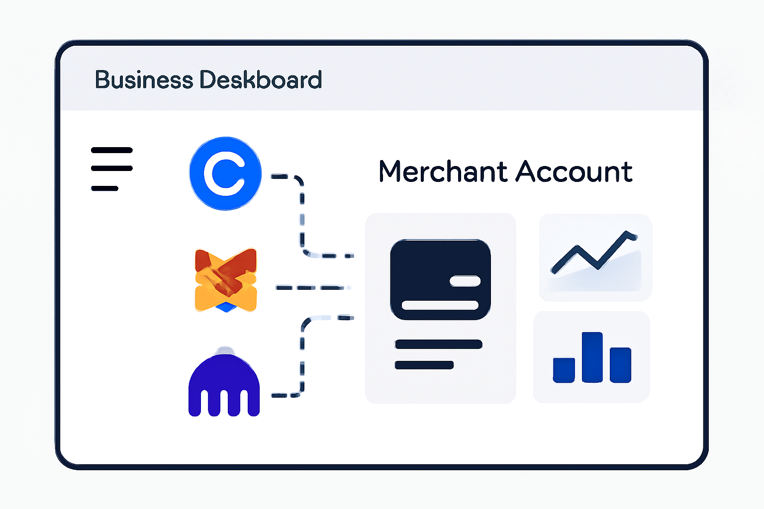 A business dashboard showing Coinbase, MetaMask, and Kraken wallet icons connected to a merchant account