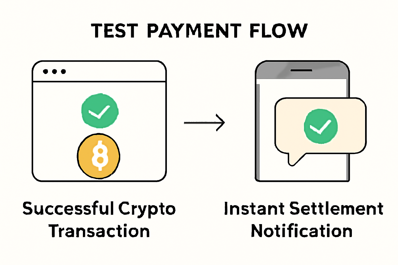 A test payment flow showing a successful crypto transaction and instant settlement notification