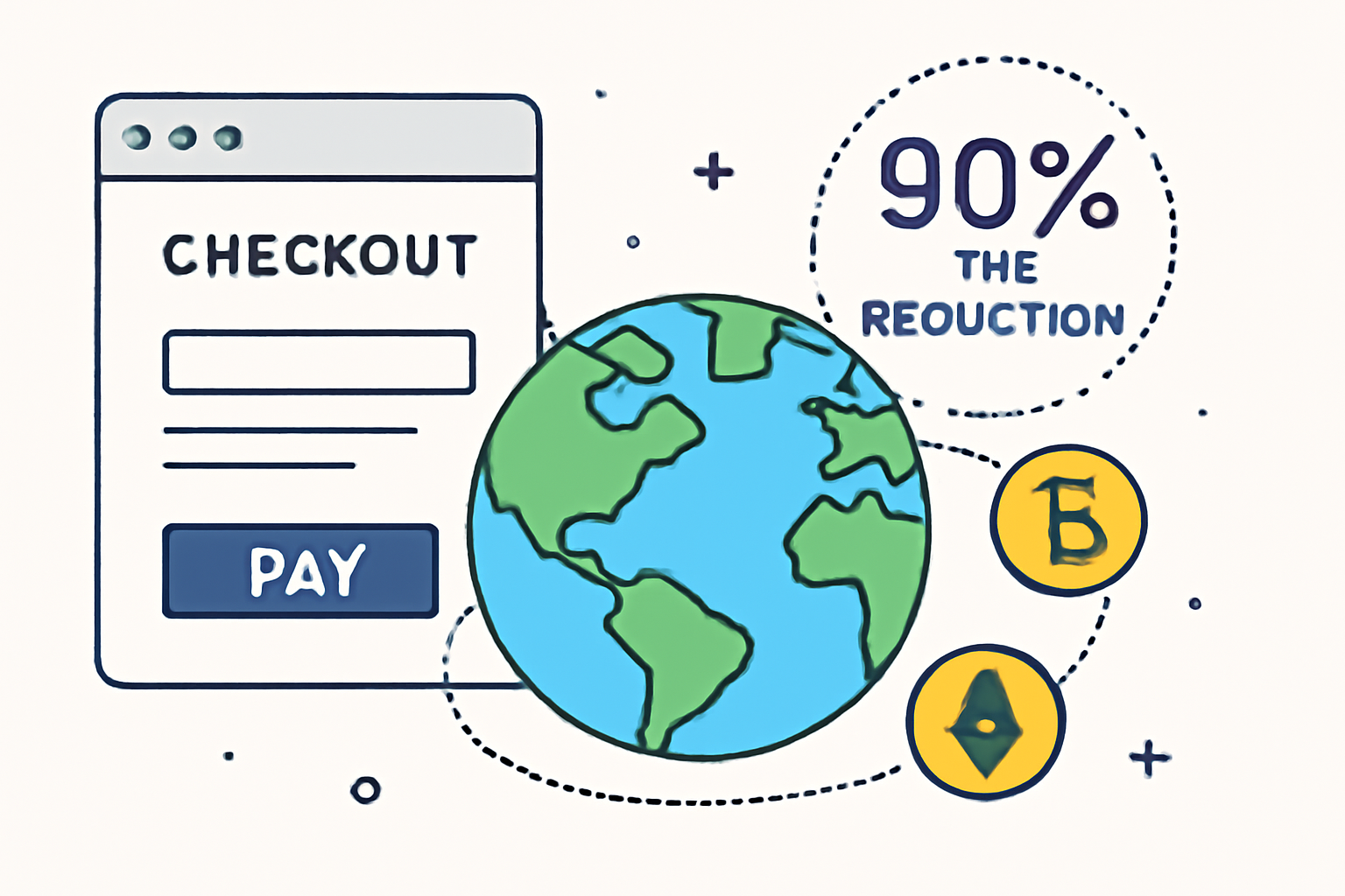 A digital checkout page with a globe, cryptocurrency symbols, and a '90% fee reduction' badge