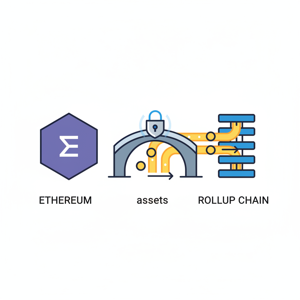 bridge icon connecting Ethereum to rollup chain, assets flowing as golden streams, secure lock
