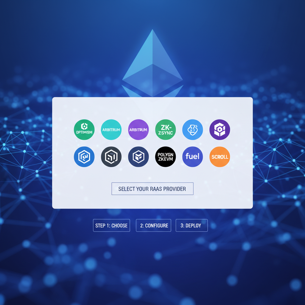 selection of RaaS provider logos on a digital dashboard, Ethereum network background, modern tech aesthetic