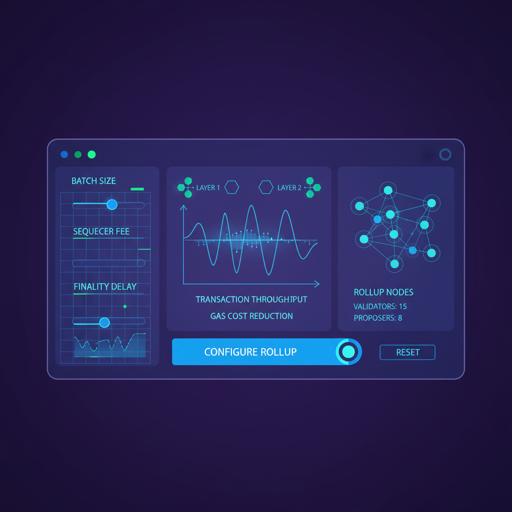 futuristic dashboard configuring rollup parameters, sliders graphs blockchain nodes, neon blue tones