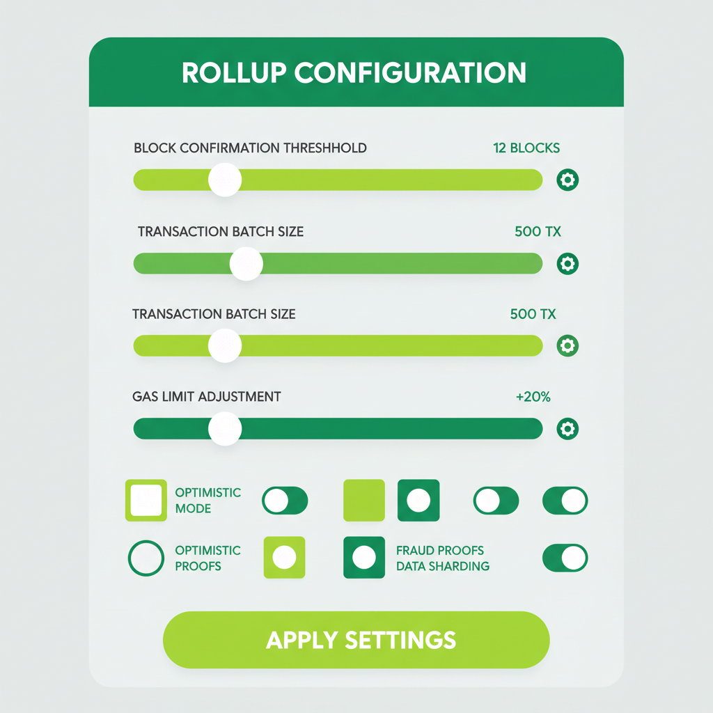 rollup configuration panel, customizable blockchain settings sliders, vibrant green hues