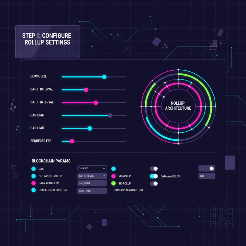 configuring rollup settings on digital dashboard, sliders and options for blockchain params, neon cyberpunk vibe